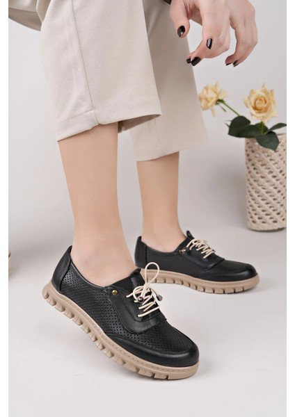 Hakiki Deri Ortopedik Delikli Lastikli Spor Model Günlük Kadın Babet Ayakkabı