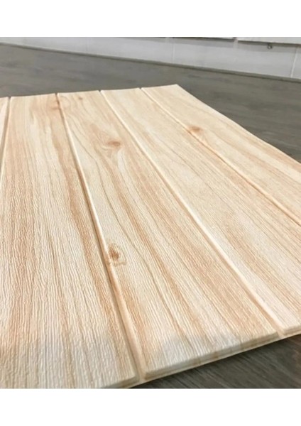 3D bej ahşap görünümlü duvar paneli, kendinden yapışkanlı, esnek ve şık tasarım