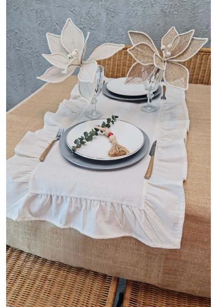 Vintage fırfırlı keten masa örtüsü, doğal ve şık 40x110 cm, dikdörtgen şekil