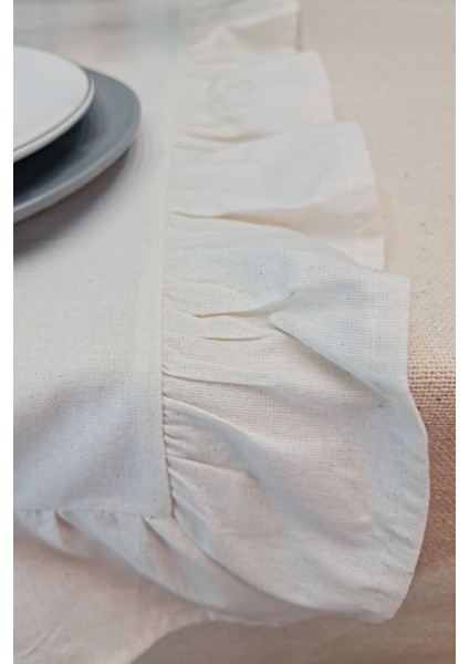 Vintage fırfırlı keten masa örtüsü, doğal ve şık 40x110 cm, dikdörtgen şekil indirimleri