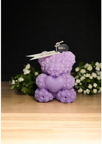 Gül Detaylı Kalpli Büyük Ayıcık Dekoratif ve Hediyelik Kokulu Organik Soya Mumu modelleri