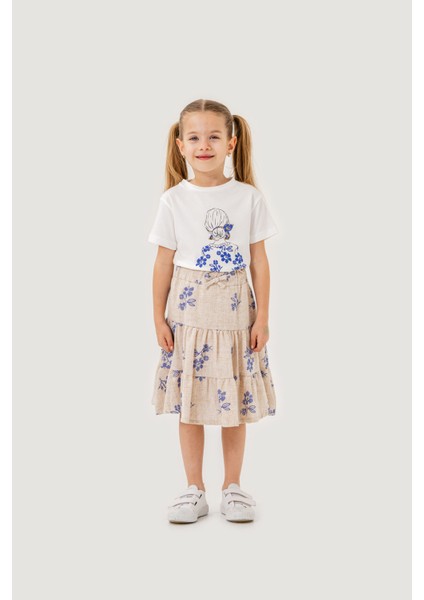 Kız Çocuk Pamuklu T-Shirt Keten Etekli Yazlık Takım 6-9 Yaş