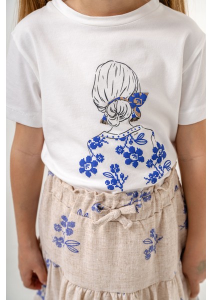 Kız Çocuk Pamuklu T-Shirt Keten Etekli Yazlık Takım 6-9 Yaş