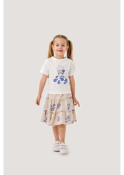Kız Çocuk Pamuklu T-Shirt Keten Etekli Yazlık Takım 6-9 Yaş