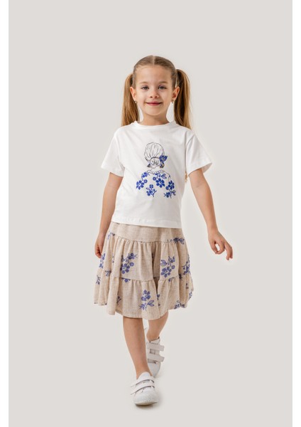 Kız Çocuk Pamuklu T-Shirt Keten Etekli Yazlık Takım 6-9 Yaş