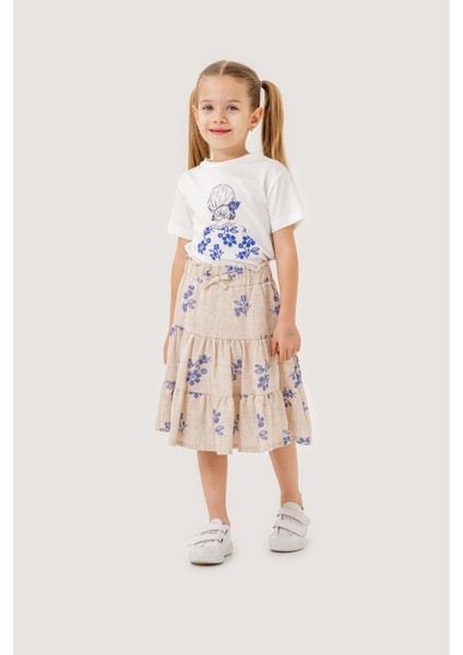 Kız Çocuk Pamuklu T-Shirt Keten Etekli Yazlık Takım 6-9 Yaş