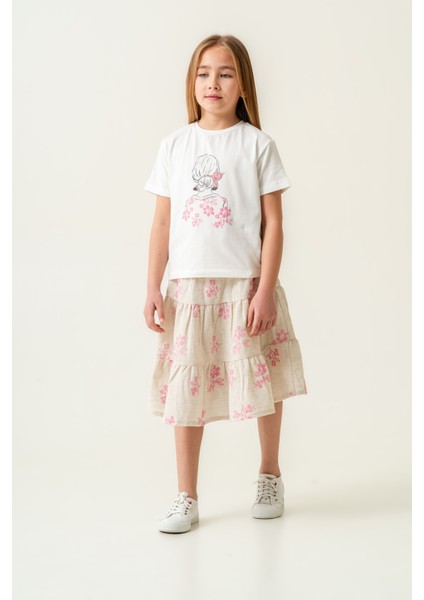 Kız Çocuk Pamuklu T-Shirt Keten Etekli Yazlık Takım 6-9 Yaş