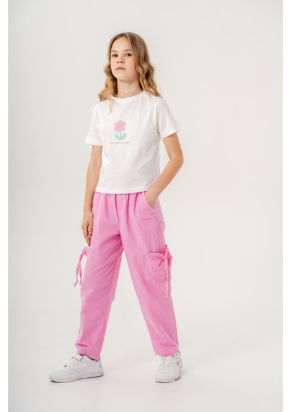 Kız Çocuk Pamuklu T-Shirt Keten Pantalonlu Yazlık Takım 6-9 Yaş