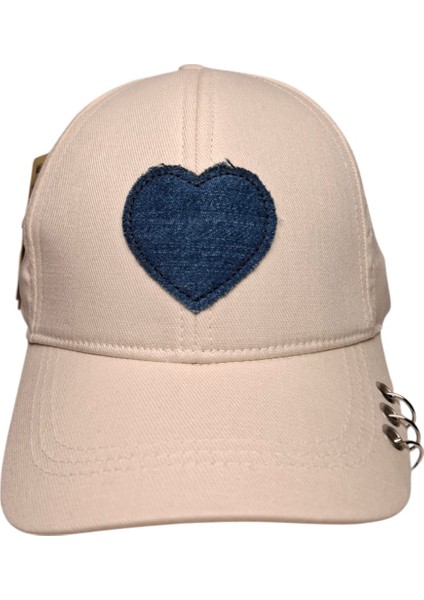 Spteks Kitti 4-8 Yaş Kız Çocuk Açık Bej Kalp Aplikeli Baskı Yazlık Şapka