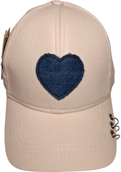 Spteks Kitti 4-8 Yaş Kız Çocuk Açık Bej Kalp Aplikeli Baskı Yazlık Şapka modelleri