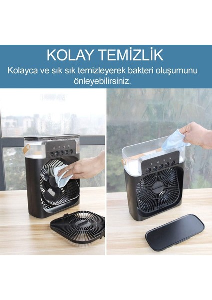 Mini Hava Soğutucu, Taşınabilir Hortumsuz Portatif Klima, Mobil Sulu Klima, 3 Rüzgar Hızı, 3 Sis Modu, Taşınabilir Buzlu Vantilatör 5 Sprey Delikli İle Renkli Led Işıklı Siyah Renk