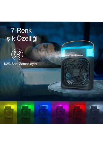 Mini Hava Soğutucu, Taşınabilir Hortumsuz Portatif Klima, Mobil Sulu Klima, 3 Rüzgar Hızı, 3 Sis Modu, Taşınabilir Buzlu Vantilatör 5 Sprey Delikli İle Renkli Led Işıklı Siyah Renk