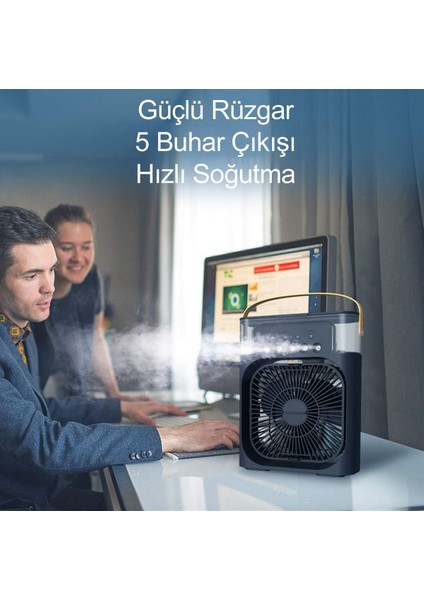 Mini Hava Soğutucu, Taşınabilir Hortumsuz Portatif Klima, Mobil Sulu Klima, 3 Rüzgar Hızı, 3 Sis Modu, Taşınabilir Buzlu Vantilatör 5 Sprey Delikli İle Renkli Led Işıklı Siyah Renk