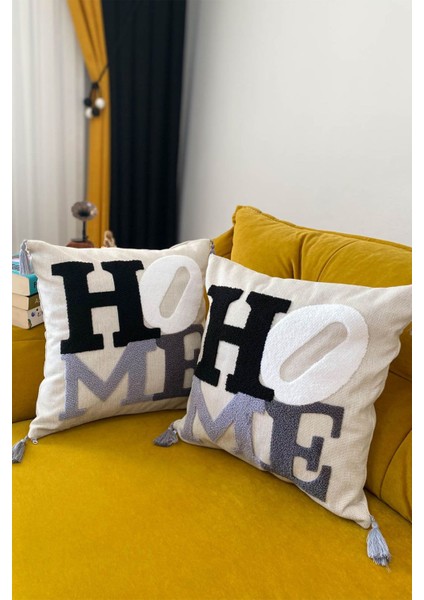 Bej Nakışlı 2'li Kırlent Kılıfı Seti, şık ve zarif tasarım, keten materyal