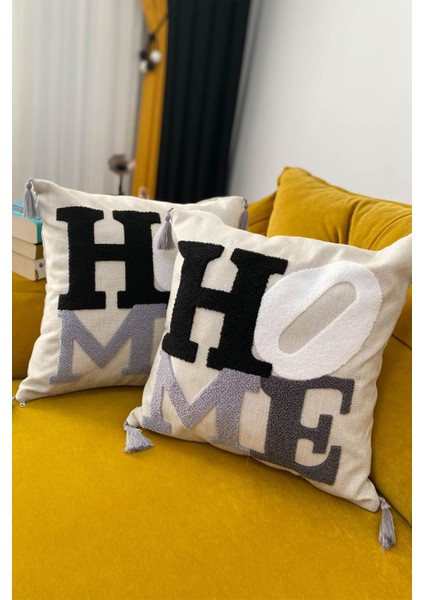 Bej Nakışlı 2'li Kırlent Kılıfı Seti, şık ve zarif tasarım, keten materyal fiyatları