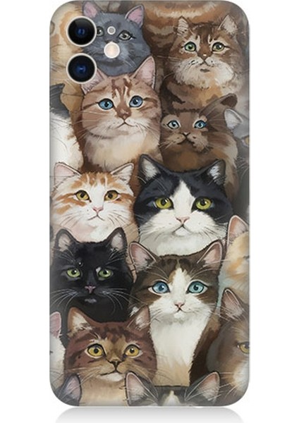 Apple iPhone 11 Uyumlu Kedi Kalabalığında Kaos Desenli Silikon Kılıf