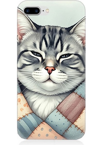 Apple iPhone 8 Plus Uyumlu Yamalı Sevimli Kedi Desenli Silikon Kılıf