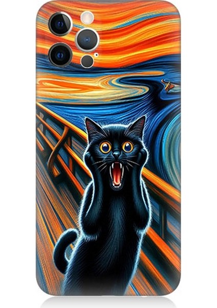 Apple iPhone 12 Pro Uyumlu Çığlık Atan Siyah Kedi Desenli Silikon Kılıf
