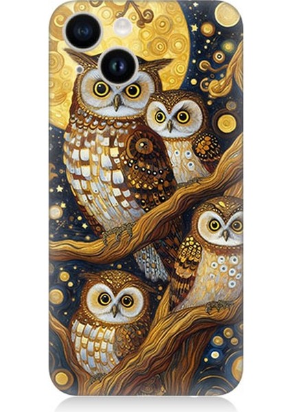 Apple iPhone 13 Uyumlu Altın Ayda Baykuşlar Desenli Silikon Kılıf
