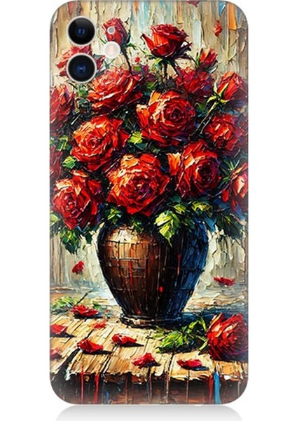 Apple iPhone 12 Mini Uyumlu Kırmızı Vazoda Gül Ziyafeti Desenli Silikon Kılıf