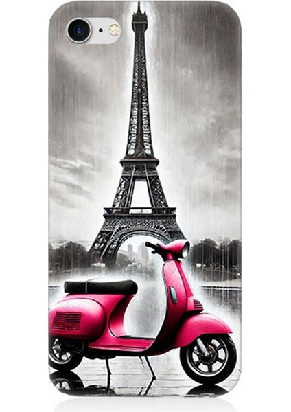Apple iPhone 8 Uyumlu Pembe Scooter Eyfel Önü Desenli Silikon Kılıf