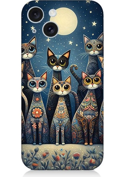 Apple iPhone 15 Uyumlu Ay Altında Kedi Ailesi Desenli Silikon Kılıf
