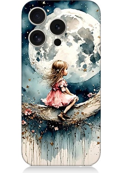 Apple iPhone 15 Pro Max Uyumlu Ay Üzerinde Hayalci Kız Desenli Silikon Kılıf
