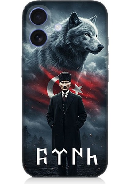 Apple iPhone 16 Uyumlu Gölgede Kurt ve Atatürk Desenli Silikon Kılıf