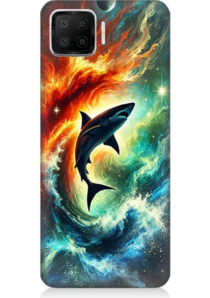 Oppo A73 Uyumlu Ateşle Dans Eden Köpekbalığı Desenli Silikon Kılıf