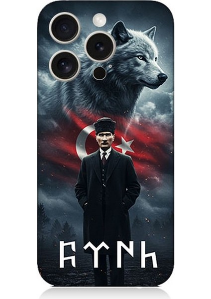 Apple iPhone 15 Pro Max Uyumlu Gölgede Kurt ve Atatürk Desenli Silikon Kılıf