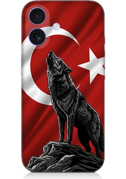 Apple iPhone 16 Uyumlu Bayrak Önünde Uluyan Kurt Desenli Silikon Kılıf