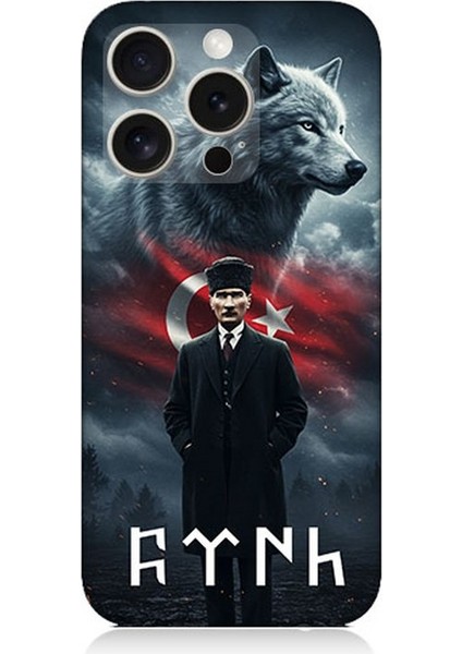 Apple iPhone 16 Pro Max Uyumlu Gölgede Kurt ve Atatürk Desenli Silikon Kılıf