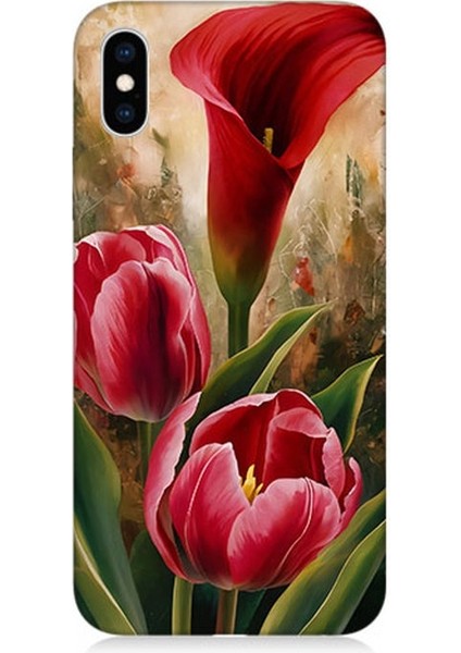 Apple iPhone x Uyumlu Canlı Renkli Laleler Desenli Silikon Kılıf