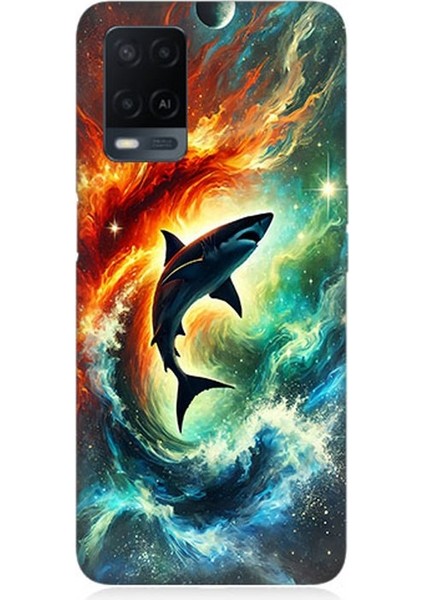 Oppo A54 Uyumlu Ateşle Dans Eden Köpekbalığı Desenli Silikon Kılıf