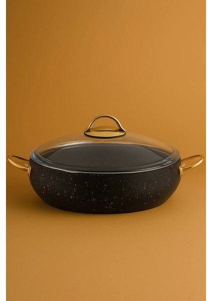 28 cm Basık Güveç Tencere – 3.5 Litre, Gold Kulplu, 4 mm Granit Kaplama, Yanmaz Yapışmaz