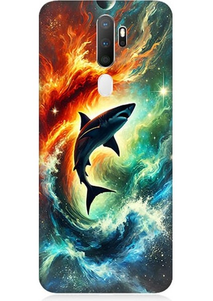 Oppo A9 2020 Uyumlu Ateşle Dans Eden Köpekbalığı Desenli Silikon Kılıf