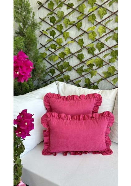 Pembe Fırfırlı Kadife Kırlent Kılıfı, şık ve renkli dekorasyon ürünü