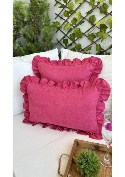 Pembe Fırfırlı Kadife Kırlent Kılıfı, şık ve renkli dekorasyon ürünü fiyatları