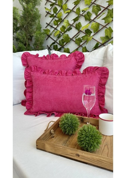 Pembe Fırfırlı Kadife Kırlent Kılıfı, şık ve renkli dekorasyon ürünü modelleri