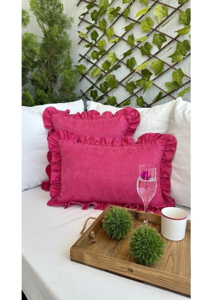 Pembe Fırfırlı Kadife Kırlent Kılıfı, şık ve renkli dekorasyon ürünü fırsatları