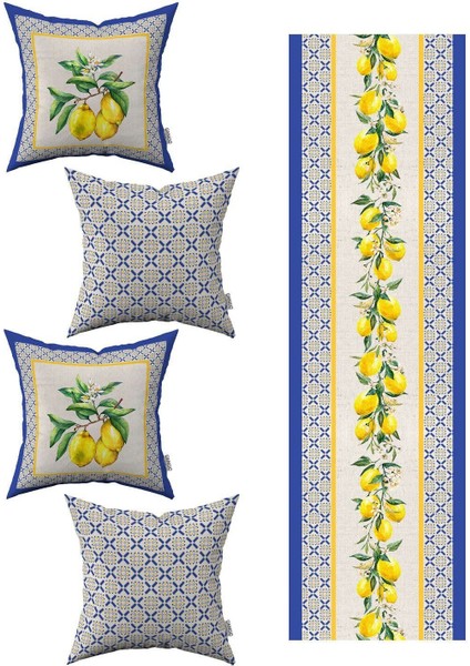 Mavi ve sarı limon desenli 4'lü kırlent ve runner seti, şık dekoratif ürünler