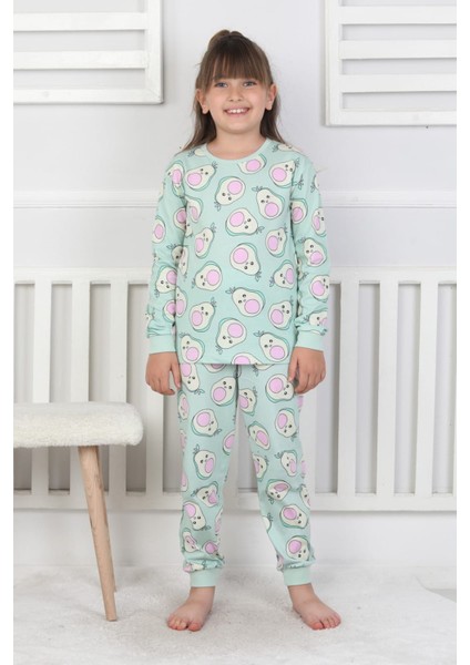 %100 Pamuk Süprem Penye Kumaş Avokado Desenli Uzun Kollu Bisiklet Yaka Kız Çocuk Pijama
