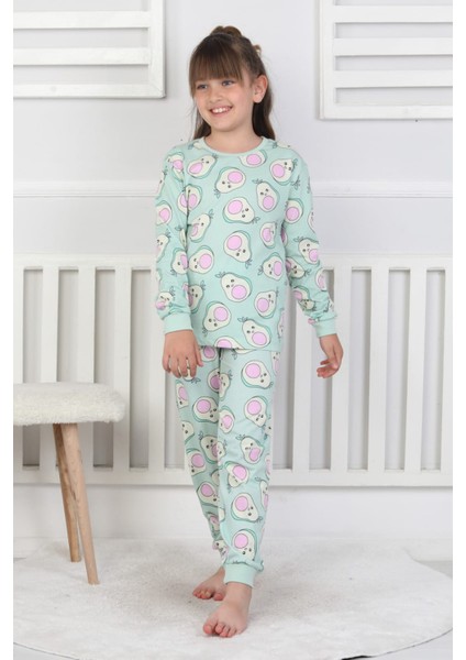 %100 Pamuk Süprem Penye Kumaş Avokado Desenli Uzun Kollu Bisiklet Yaka Kız Çocuk Pijama
