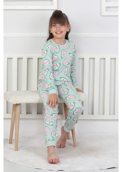 %100 Pamuk Süprem Penye Kumaş Avokado Desenli Uzun Kollu Bisiklet Yaka Kız Çocuk Pijama