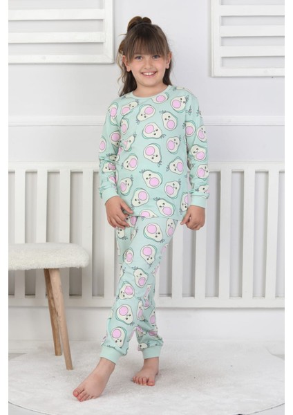 %100 Pamuk Süprem Penye Kumaş Avokado Desenli Uzun Kollu Bisiklet Yaka Kız Çocuk Pijama