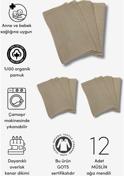12'li Organik Müslin Bebek Ağız Mendili (20CM*20CM)