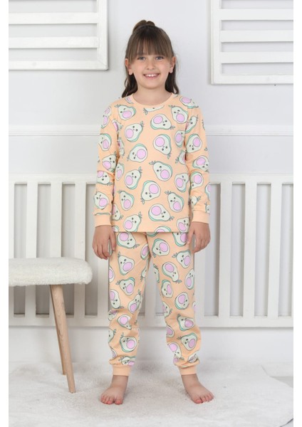 %100 Pamuk Süprem Penye Kumaş Avokado Desenli Uzun Kollu Bisiklet Yaka Kız Çocuk Pijama