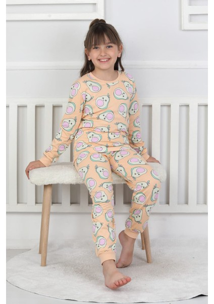 %100 Pamuk Süprem Penye Kumaş Avokado Desenli Uzun Kollu Bisiklet Yaka Kız Çocuk Pijama modelleri