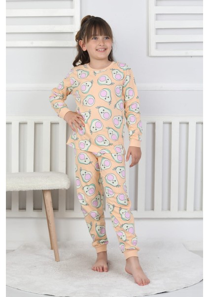 %100 Pamuk Süprem Penye Kumaş Avokado Desenli Uzun Kollu Bisiklet Yaka Kız Çocuk Pijama fırsatları