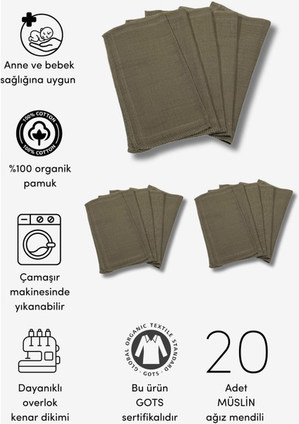 20'li Organik Sertifikalı Müslin Bebek Ağız Mendili (18CM*18CM)